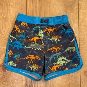 Dinosaur Print Kids Swim Trunks - Blue and Orange